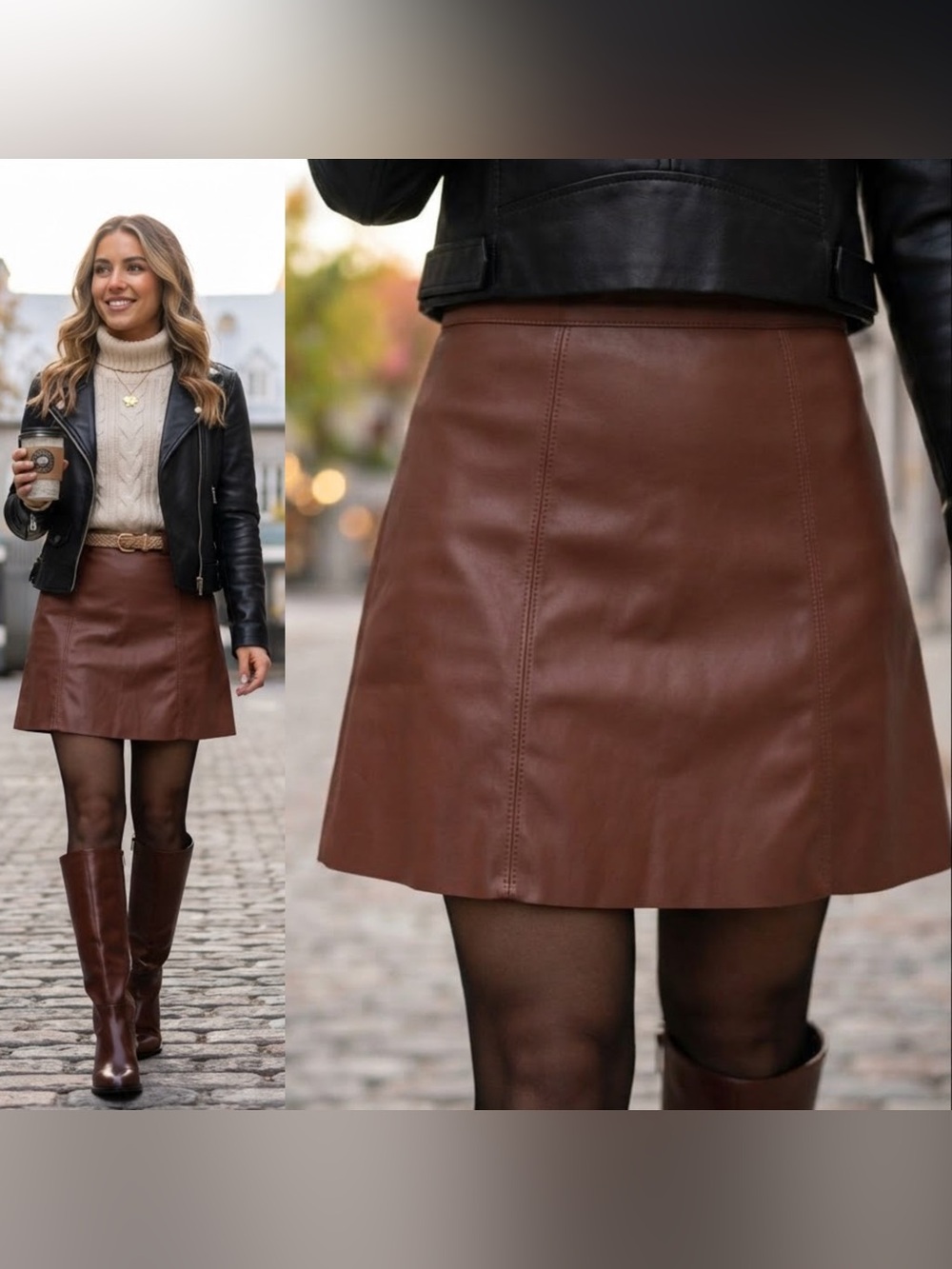 Zara Brown Faux Leather A-Line Mini Skirt size M